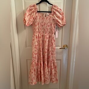 Rachel Parcell Pink Poppy Smocked Sweetheart Floral Puff Sleeve Midi Dress